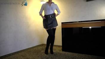 business bitch in leather skirt and overknees - blowjob and sex ends with cum on her slutty face, business-bitch